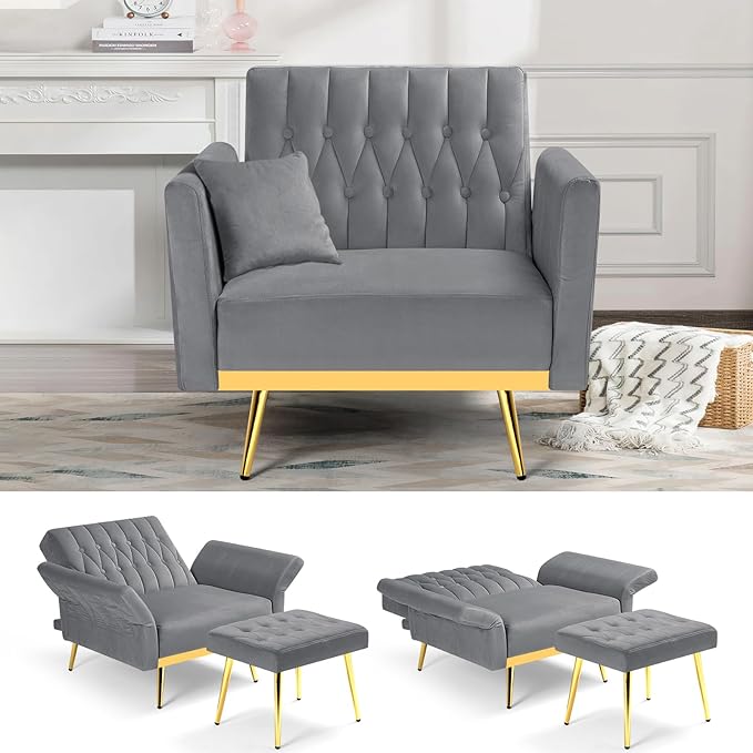 Velvet Accent Chair with Adjustable Backrest and Armrests Single Recliner Armchair with Ottoman and Golden Mental Legs for Living Room Bedroom and Waiting Room Grey