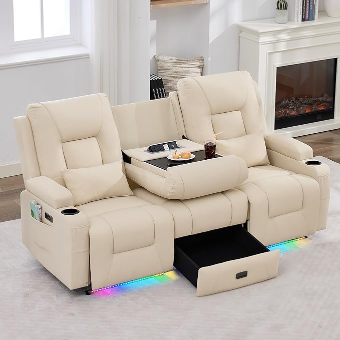 IPKIG Power Recliner Loveseat with Flip Middle Backrest Zero Wall Hugger Sofa Couch Faux Leather 3-Seater Sofa with LED Lights AC Outlets USB Ports Cup Holders Beige | Storage Drawer Electric C