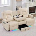 IPKIG Power Recliner Loveseat with Flip Middle Backrest Zero Wall Hugger Sofa Couch Faux Leather 3-Seater Sofa with LED Lights AC Outlets USB Ports Cup Holders Beige | Storage Drawer Electric C