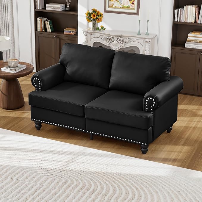 Couch and Loveseat Set Mid Century Chesterfield Faux Leather Vintage Retro Classic 3 Seater Loveseat Sofa Couch with Storage Nailhead Trim &amp Rolled Armrests for Living Room Bedroom Office Black