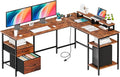 DUMOS 62 Inch L Shaped Gaming Desk with Charging Station &amp 2 Monitor Stands Computer Desk with Drawer &amp Adjustable Storage Shelves Large Corner Desk for Home Office Rust Brown