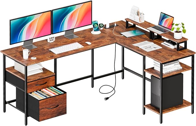 DUMOS 62 Inch L Shaped Gaming Desk with Charging Station &amp 2 Monitor Stands Computer Desk with Drawer &amp Adjustable Storage Shelves Large Corner Desk for Home Office Rust Brown