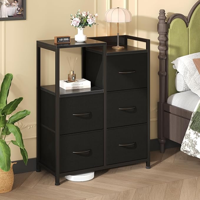DUMOS 5-Drawer Chest of Drawers with Raised Shelf Storage Tower with Fabric Bins for Closet Organization Hallway Storage Black
