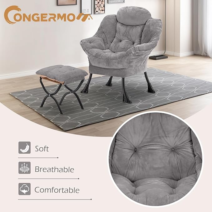 Lazy Chair with Folding OttomanLeisure Sofa ChairSoft Fabric Armchair with Armrests and Side Pockets Reading Chair with Footrest for Living Room Bedroom Office (Plush Light Grey)