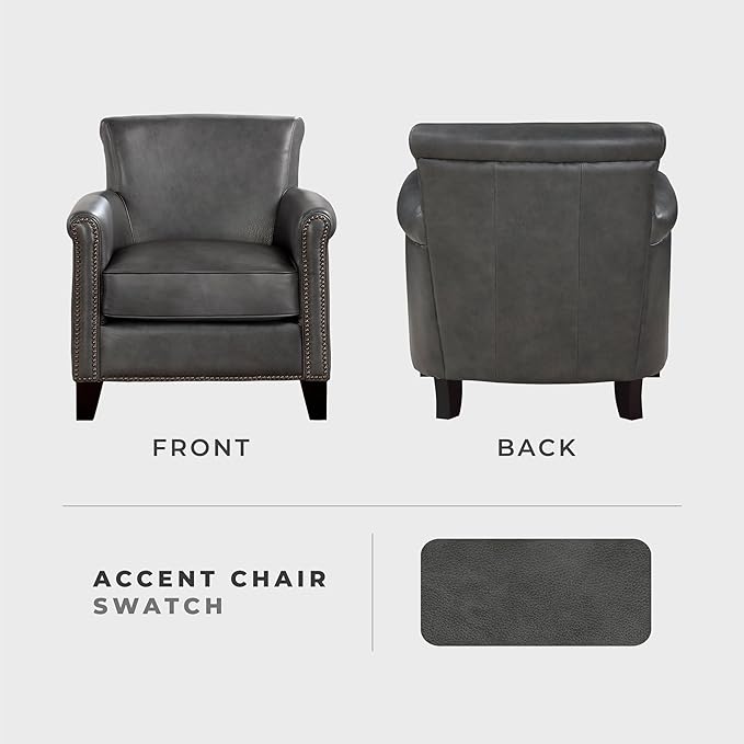 Lexicon 100% Top Grain Genuine Leather Chair Leather Accent Chairs for Living Room Solid Wood Frame Rolled Armrest &amp Nailhead Trim Comfy Reading for Bedroom Office Waiting Room Classic Gray
