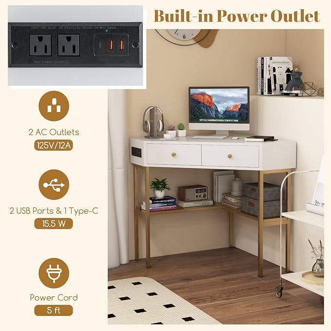 Tangkula Corner Desk with 2 Drawers &amp Built-in Charging Station 90 Degrees Triangle Corner Computer Desk for Small Space Bedroom Makeup Vanity Desk with Storage Shelves Corner Desk (Gold &amp