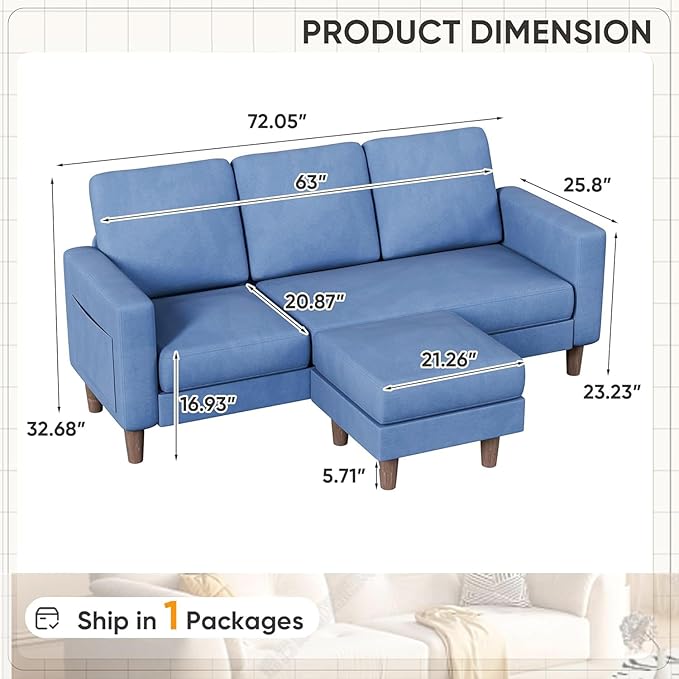 Homall Convertible Sectional Sofa 3 Seat L Shaped Couch with Side Storage Pocket Sofas with Movable Ottoman Small Linen Couches for Living Room &amp Apartment (Linen Fabric Blue)