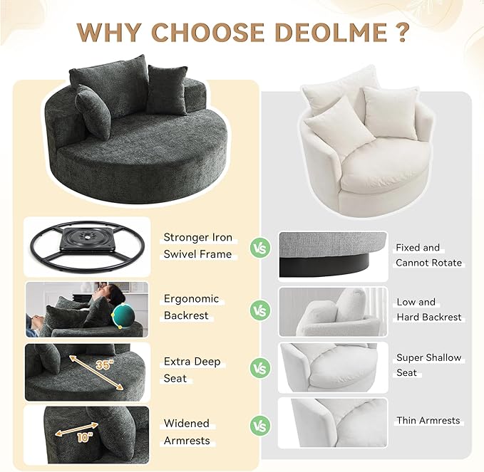 360° Oversized Swivel Chair Modern Circle Round Lounge Chair with Deep Seat Comfy Back Cushion &amp 2 Throw Pillows for Living Room Bedroom Office Dark Green Chenille