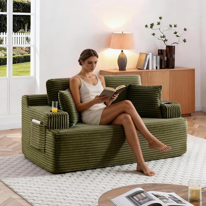 66.5 Cloud Loveseat Boneless Sofa Couch in a Box 2 Seater Foam Compression Couches Modern Living Room Floor Sofa Couch Corduroy Small Love Seat No Assembly Required Green