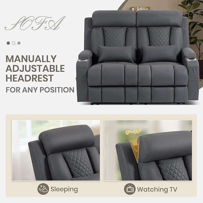 Wall Hugger Power Reclining Loveseat with Manual Adjustable Headrests Electric Recliner Sofa with USB/Type-C Ports Cup Holders – Perfect for RV and Small Spaces (Grey)
