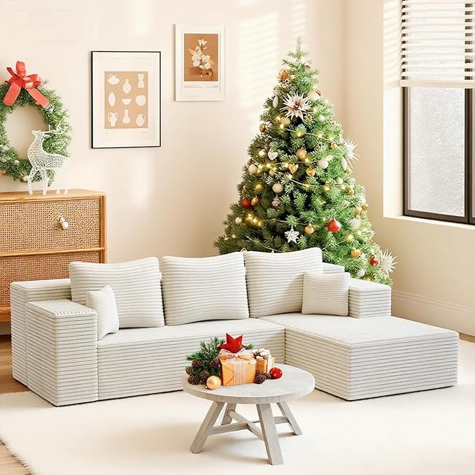 106'' Modular Sectional Sofa L-Shaped Boneless Cloud Couch with Chaise Lounge 4-in-1 Flexible Combination Faux Rabbit Fur &amp Layered Cushion Deep Seat No Assembly Beige Right Facing Chaise