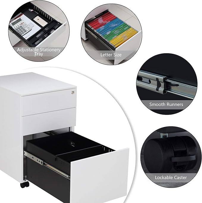 Generic 3 Drawer Mobile File Cabinet with Lock Steel File Cabinet for LegalLetterA4F4 Size Fully Assembled Include Wheels Home Office Design White
