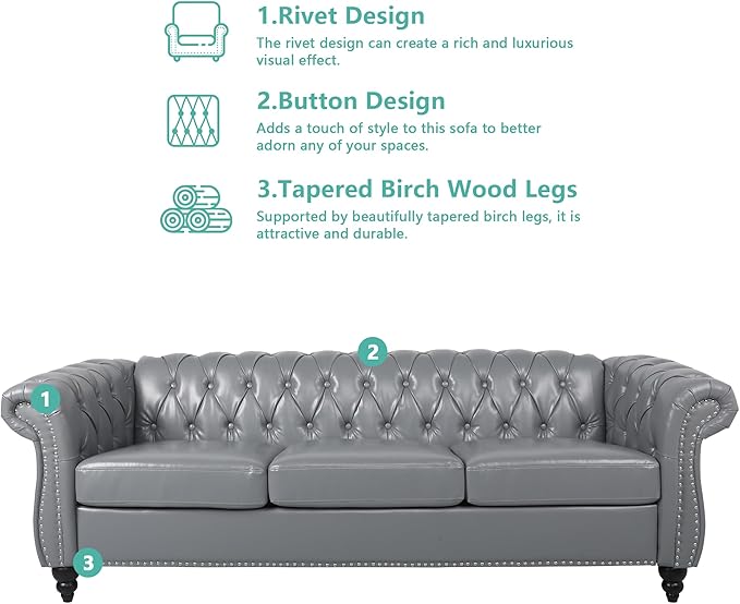 2 Piece Living Room Sofa Set 3 Seater Faux Leather Sofa Couch and Chair Set Mid Century Modern Upholstered Couch with Cushions Vintage Comfy Tufted Chesterfield Couches for Bedroom Office (Grey)