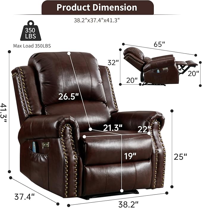 Classic Power Recliner Chair Set of 2 with Massage and Heat Breathable Faux Leather Electric Recliner with USB Port Overstuffed Reclining Sofa with Rivets for Living Room Caramel Brown