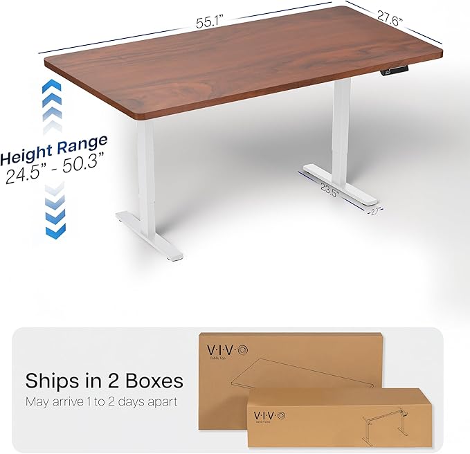 VIVO Electric 55 x 28 in Dual Motor Sit Stand Desk Memory Height Adjustment 2B Series Dark Walnut Top White Frame DESK-KIT-2W55D