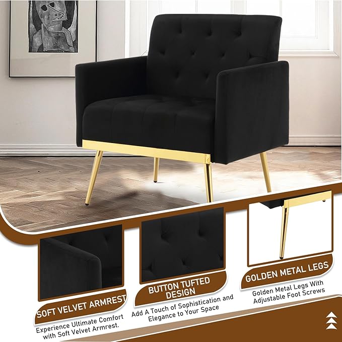 Velvet Accent Chairs Set of 2 Modern Button Tufted Armchair with Metal Legs Small Comfy Upholstered Single Reading Club Chair for Living Room Bedroom Office Decorative(Black)