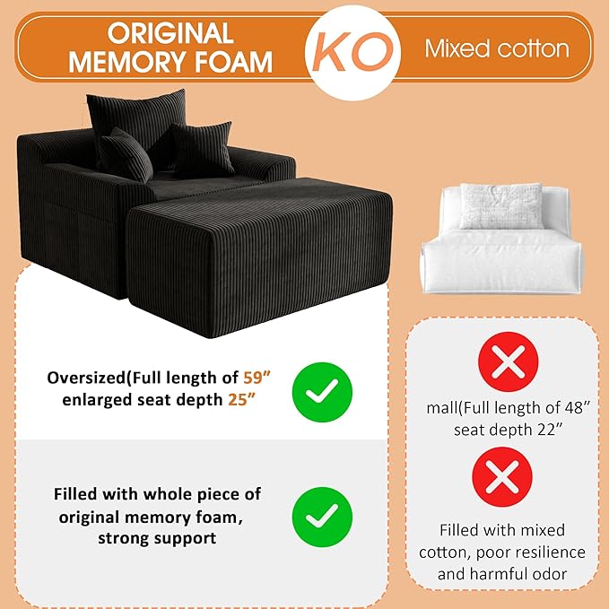 60'' Chaise Lounge Chair Indoor Oversized Upholstered Sofa Bed Sleeper Couch Reading Chairs Plush Corduroy Fabric Sofas Couches for Living Room (Black)