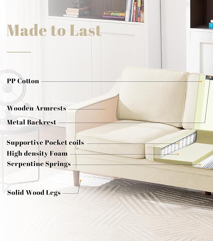 Kingfun Living Room Furniture Sets 2 Armchair and Loveseat Mid Century Modern Sofa Set Chenille Couch with Solid Wood Frame for Living Room &amp Bedroom Beige