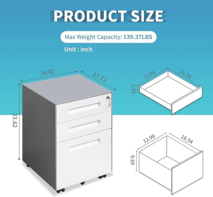 Generic 3 Drawer Mobile File Cabinet with Lock Steel File Cabinet for LegalLetterA4F4 Size Fully Assembled Include Wheels Home Office Design White+gray