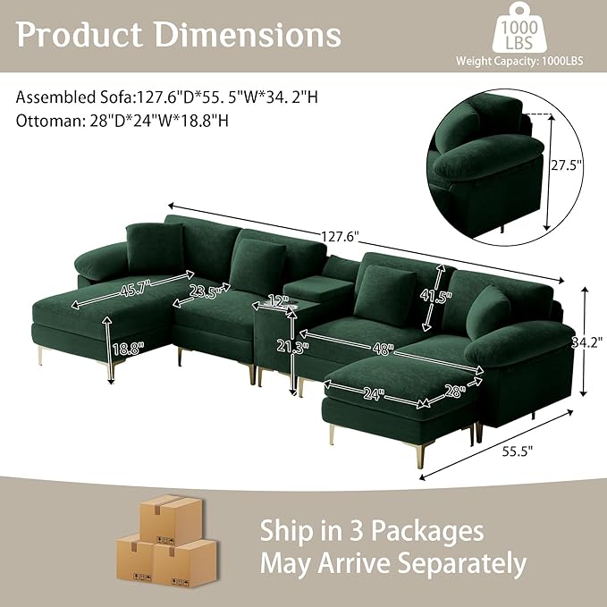 OUYESSIR U-Shaped Sectional Sofa Couch 4 Seat Sofa Set for Living Room Convertible U-Shaped Chenille Couch Set with USB Port Central Console Ottoman128 inches (Green)