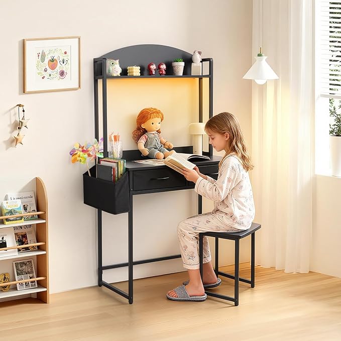 KATHY&ampBOB Freestanding Ladder Desk with Power Outlets Home Office Study Reading Desk with 2 Fabric Drawers and Side Bag Open Shelf Computer Gaming Desk Modern Vanity Dressing Makeup Table