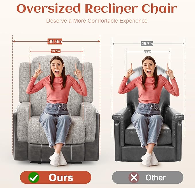Oversize Manual Recliner Chair for Adults Extra Wide Single Reclining Sofa Chair with Ergonomic FSC Certified Grey Linen-Blend &amp Chocolate Leather Scandinavian Chic for Living Room RV