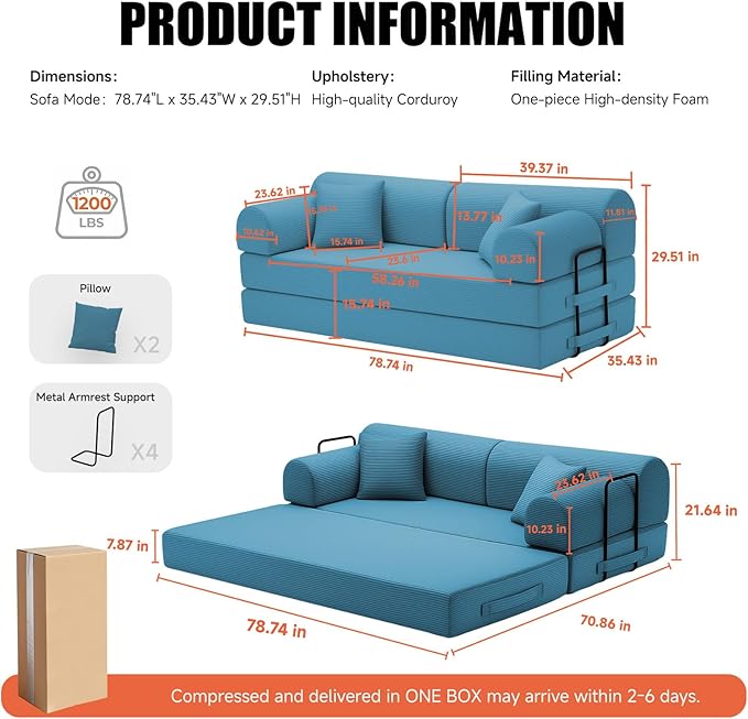 78.8 Boneless Memory Foam Couch Corduroy Convertible Floor Sofa Bed Fold-Out Sleeper Futon Loveseat Wide Armrests &amp Supportive Back 1200 lb Couch in a Box 2 Pillows Light Blue