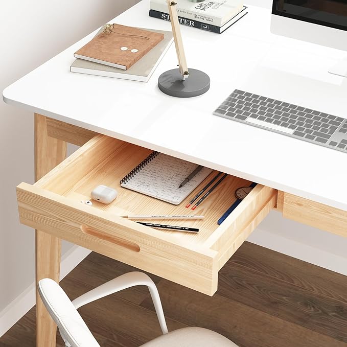 FUFU&ampGAGA 47” Office Desk Rectangular Computer Desk with 2 Drawers Writing Table for Reading Crafting Home Office Study Room White and Oak 47.2”W x 21.7”D x 29.5”H
