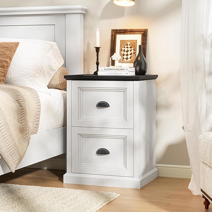 Vertical File Cabinet Filing Cabinet with 2 File Drawers Farmhouse Small File Cabinet Fits Letter/A4 Size Wooden Printer Stand Under Desk Cabinets for Home Office White and Black