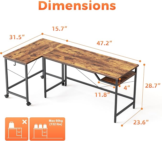 Mericonia 48 inch Computer Desk w/Shelf &amp Adjustable Feet 32 inch Rolling Office Desk w/ 1 Hook Small Space Desk for Home Office Study Writing Bedroom 2 Pack