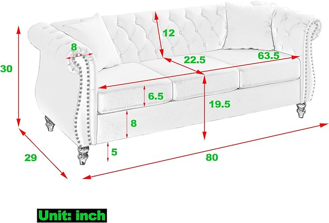 KEIKI Chesterfield Sofa Retro Style Upholstered 3 Seater Velvet Couch with Rolled Arm for Living Room Bedroom Office Apartment Beige