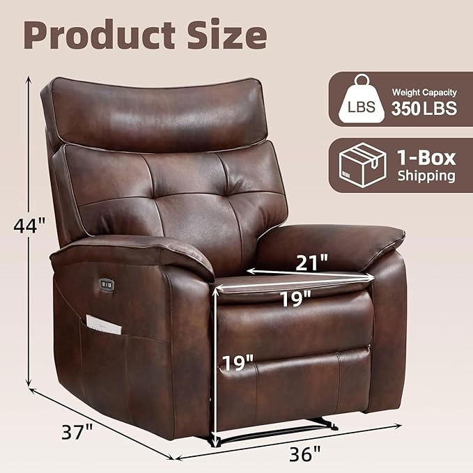 CANMOV Genuine Leather Recliner ChairPower Recliner Chair for AdultsElectric Single Reclining Sofa with Overstuffed Armrest and Backrest for Living RoomBrown