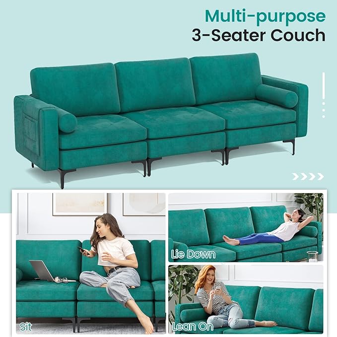 Giantex 97 Sectional Sofa Couch 3-Seater Modular Sleeper with 5 Thick Cushion Bolsters Armrest Magazine Pocket Metal Legs Modern Apartment Family Living Room Reception Bedroom Office