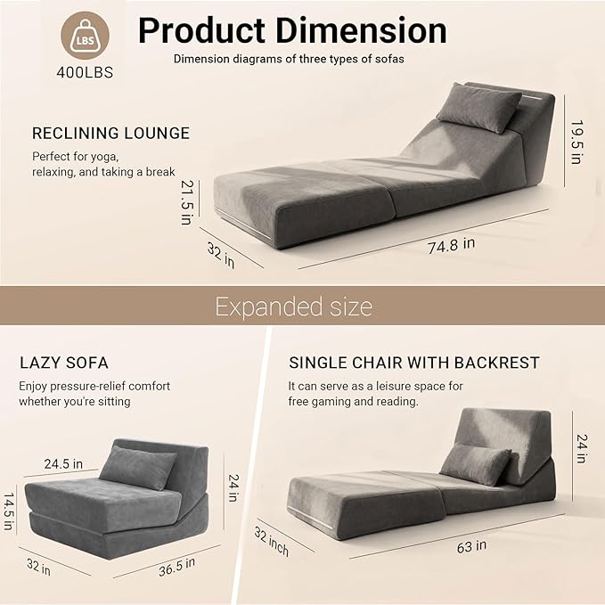 Chair Bed Sleeper for Adults Convertible Sleeper Chair Bed with Pillow 3 in 1 Folding Sofa Bed Chair Lounge with Back Support &amp Removable Washable Cover for Living Room Office (Grey) | Folding