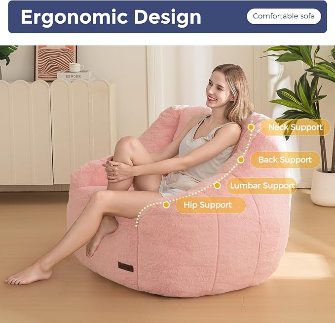 MAXYOYO Bean Bag Chair Comfy Bean Bag Sofa with Back Support Faux Fur Bean Bag Chair for Adults and Kids Stuffed Floor Sofa for Living Room Bedroom Apartment Pink
