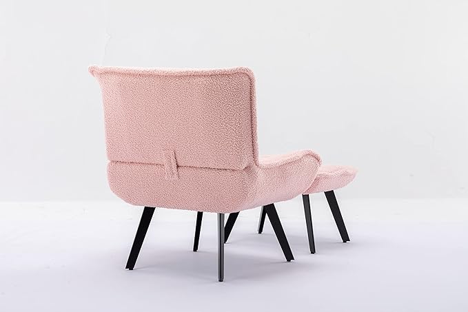 Modern Soft Teddy Fabric Material Large Width Accent Chair Leisure Chair Armchair TV Chair Bedroom Chair with Ottoman Black Legs for Indoor Home and Living RoomPink