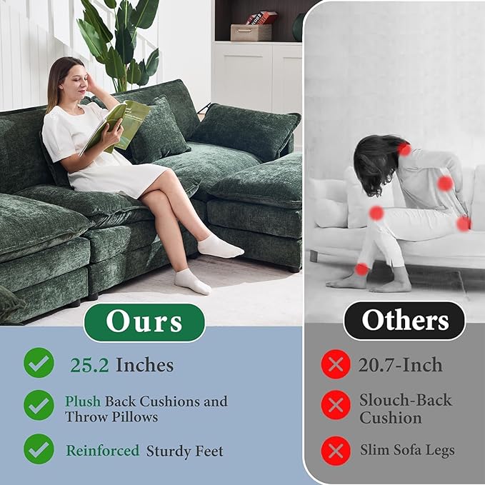 GNIXUU 76.7 Green L Shaped Cloud Couch Modern Chenille Modular 2 Seater Loveseat Sofa with Movable Ottoman Deep Seat Sectional Couch with Pillows for Small Place Living Room Apartment Office