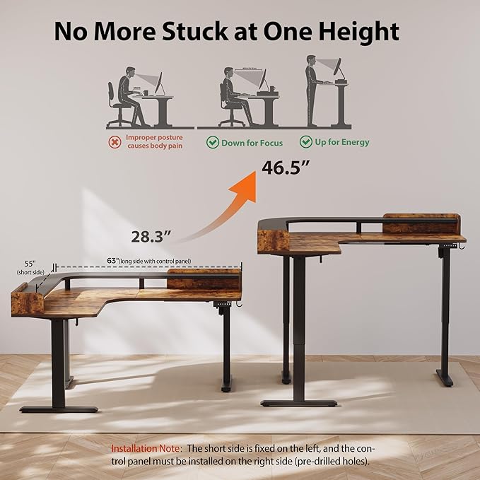 Agilestic L Shaped Standing Desk Corner Desk with Monitor Shelf Adjustable Height Gaming Table Sit Stand Up Table 63 x 55 Inch Home Office Computer Workstation Splice Board Rustic Brown