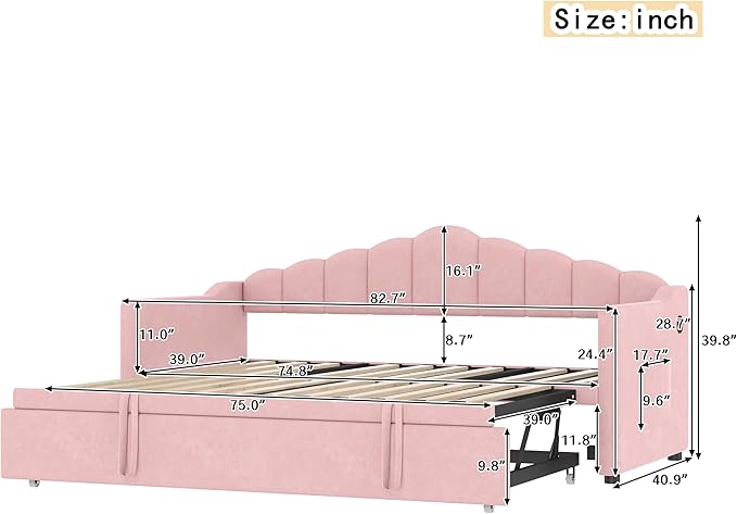 Bellemave Upholstered Twin Daybed with Pop Up Trundle USB &amp Type-C Charging Ports 2 Side Pockets No Box Spring Needed Velvet Modern Day Bed Frame (Pink)