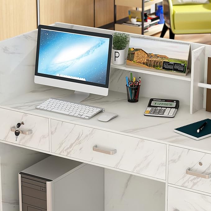 Homsee Modern Reception Desk with 3 Drawers 1 Door Storage Cabinet &amp Hutch Shelf Office Wooden Computer Desk Writing Study Table PC Laptop Desk White Marble (47.3 L x 18.3 W x 43.3 H)