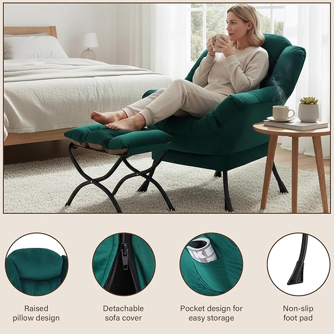 Welnow Lazy Chair with Ottoman Modern Accent Chair with Armrests and a Side Pocket Leisure Sofa Armchair Reading Armchair with Footrest for Small Space Dark Green