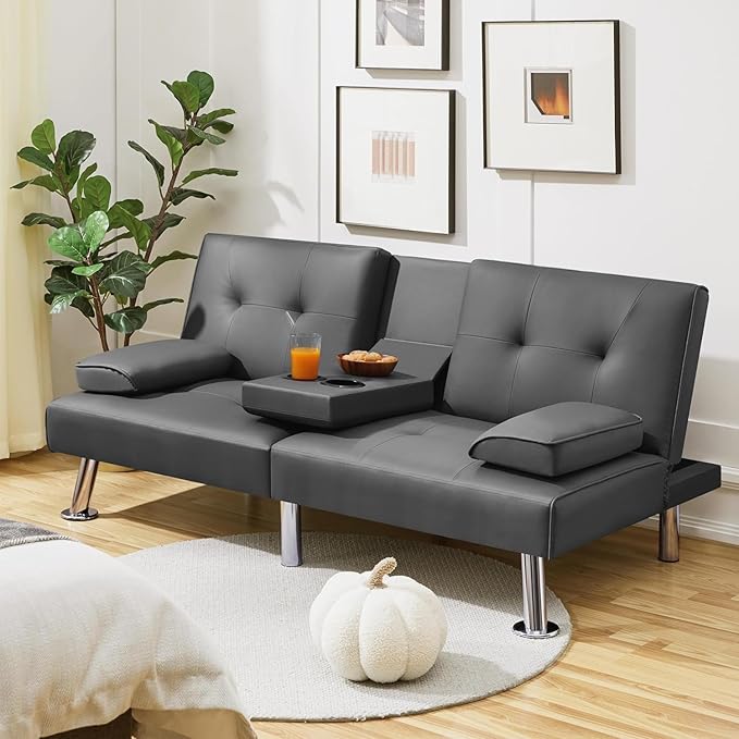 Convertible Futon Sofa BedPU Leather Modern Couch Loveseat Sleeper Folding Daybed Guest Bed Removable Armrests 2 Cup Holders Metal Legs (Gray)