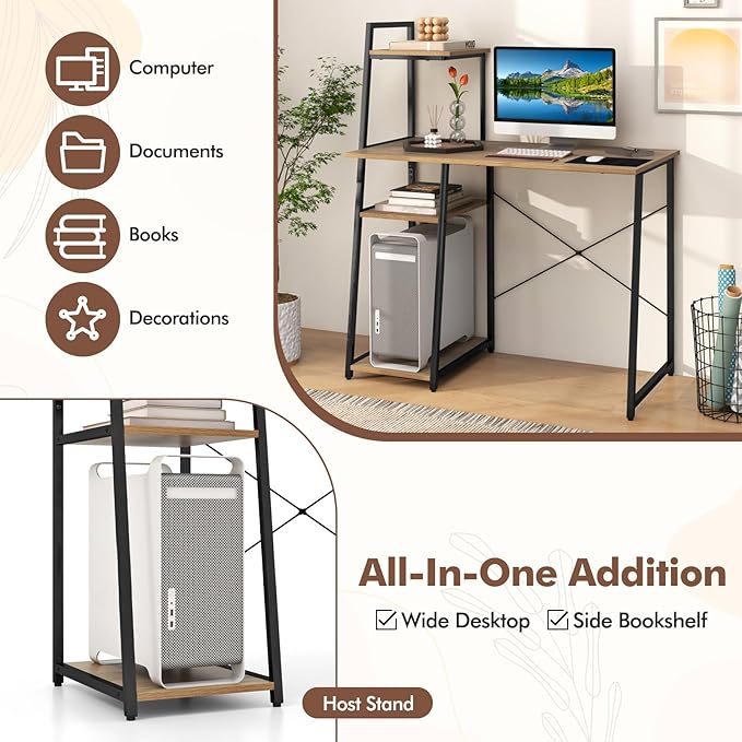 POWERSTONE 40 Computer Desk with 4-Tier Storage Shelves Home Office Corner Desk Writing Study Workstation Table for Small Space Natural