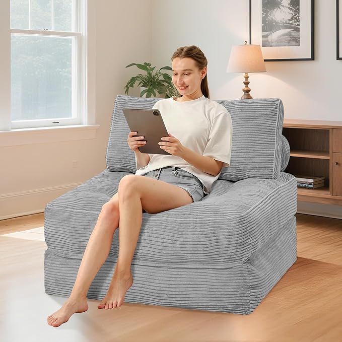 HABUTWAY Folding Sofa Bed Convertible Sleeper Chair Bed w/Dual-Pillow &amp Handle Foldable Floor Sofa Lounge w/Back Support for Living Room Bedroom Apartment Office Single Light Grey