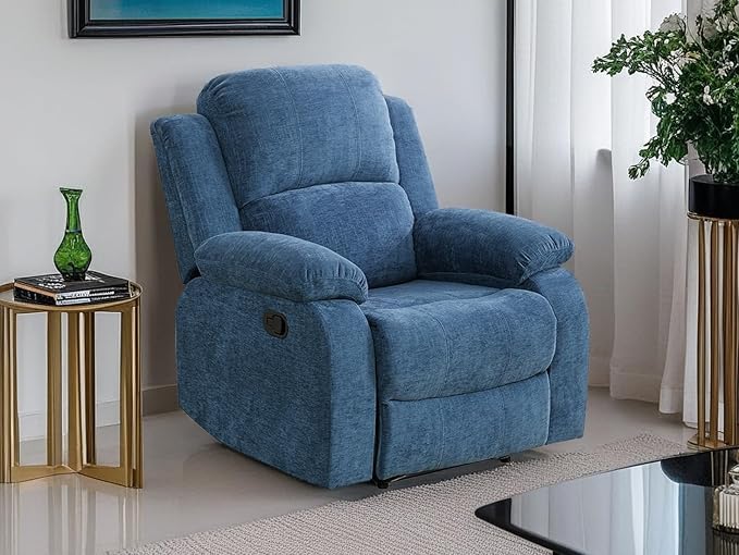 Fabric Recliner Chair Contempary Manual Motion Reclining Chair Living Room Furniture Microfiber Single Recliner with Overstuffed Arm &amp Back for Living Room/Bedroom/Office/Rv Car (Blue Chair)