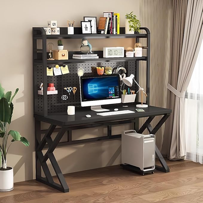63.0in Computer Desk with Pegboard Gaming Desk with Storage Shelves PC Gamer Workstation Desk Modern Study Writing Table for Home Office Bedroom (Black 63.0in/160cm)