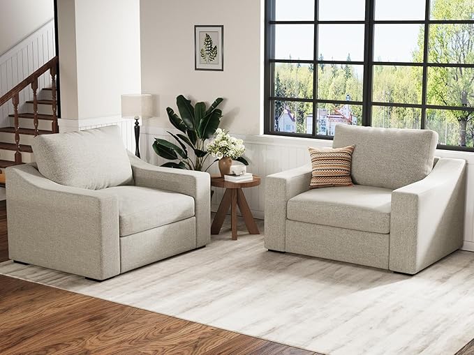 ABCASA 47 W Oversized Accent Chair Set of 2 Comfy Upholstered Sofa Chair with Large Seat and Wide Armrest Pet-Friendly Modern Lounge Armchair for Living Room/Apartment/Bedroom Soft Linen Oatmeal