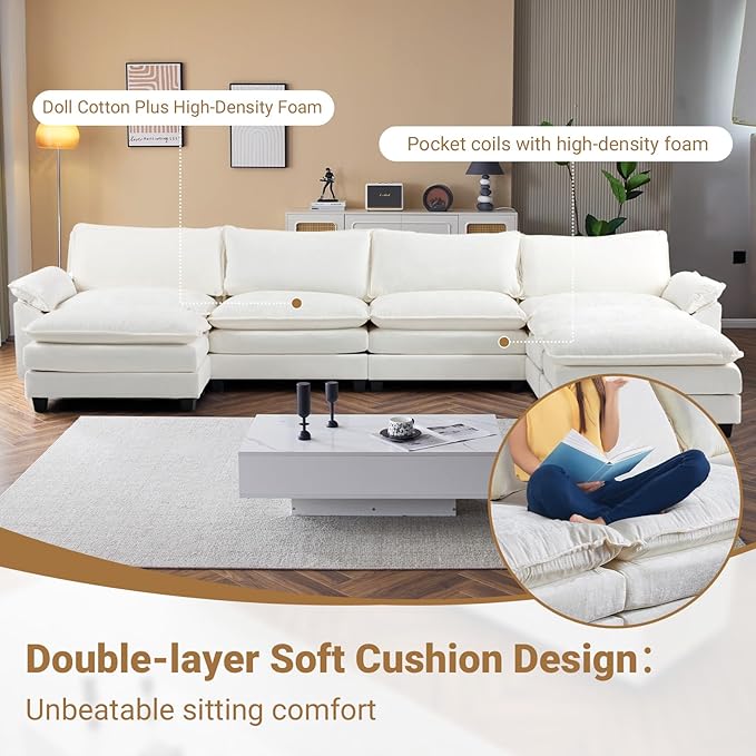 VINGLI 157 Cloud White/Cream Convertible Sectional Sofa Comfy U-Shape Extra Deep Seat Sofa Couch for Living RoomModern Chenille 4-Seat Convertible Sofa with 3 Movable Ottomans for Small Space