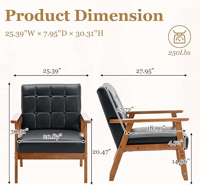 Modern Accent Chair Mid-Century Linen Armchair with Solid Wood Armrests Button-Tufted Comfortable Cushioned Reading Chairs for Living Room Bedroom (Black