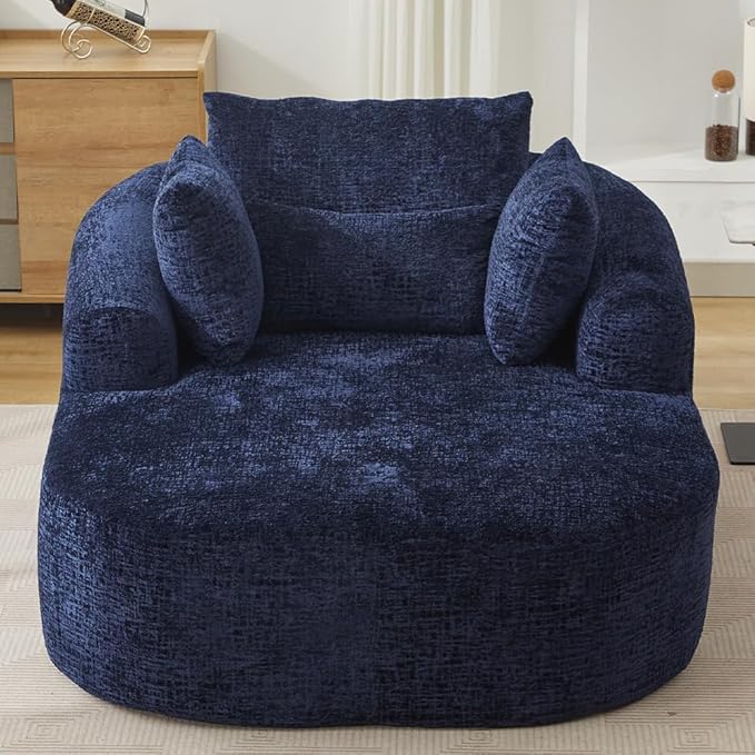 Oversized Chaise Longue Chair Indoor Modern Upholstered Chenille Deep Seat Sofa Bed with Throw Pillows and Armrests Sleeper Sofa Couch for Living Room Bedroom Apartment (Blue)